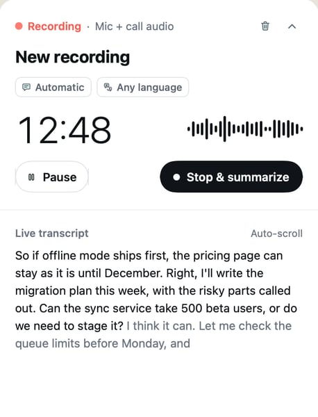 Live transcript panel while recording a call on Mac